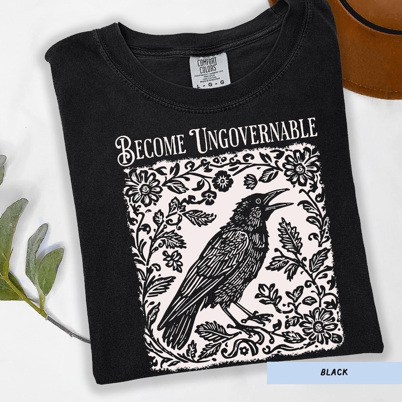 Become Ungovernable Shirt, Folklore Crow Shirt, Folklore Forest Crow Lino Print Shirt, Crow T-Shirt, Witchy Tee, Protest Tee