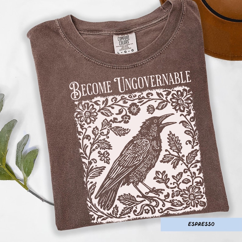 Become Ungovernable Shirt, Folklore Crow Shirt, Folklore Forest Crow Lino Print Shirt, Crow T-Shirt, Witchy Tee, Protest Tee