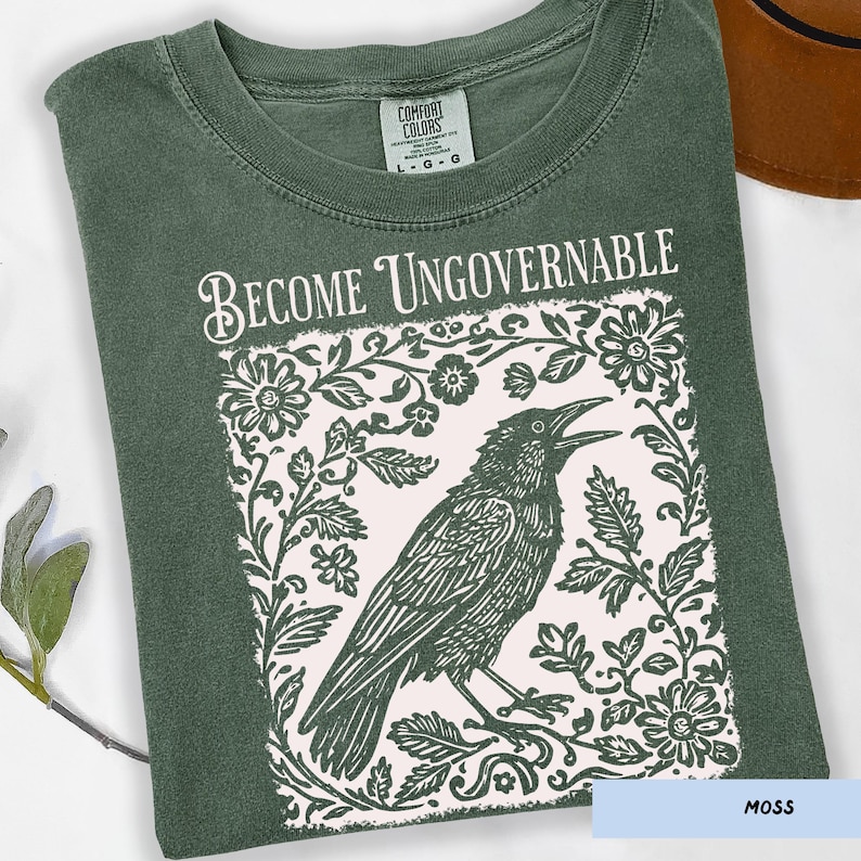 Become Ungovernable Shirt, Folklore Crow Shirt, Folklore Forest Crow Lino Print Shirt, Crow T-Shirt, Witchy Tee, Protest Tee