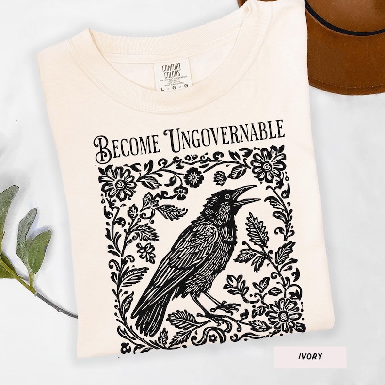 Become Ungovernable Shirt, Folklore Crow Shirt, Folklore Forest Crow Lino Print Shirt, Crow T-Shirt, Witchy Tee, Protest Tee