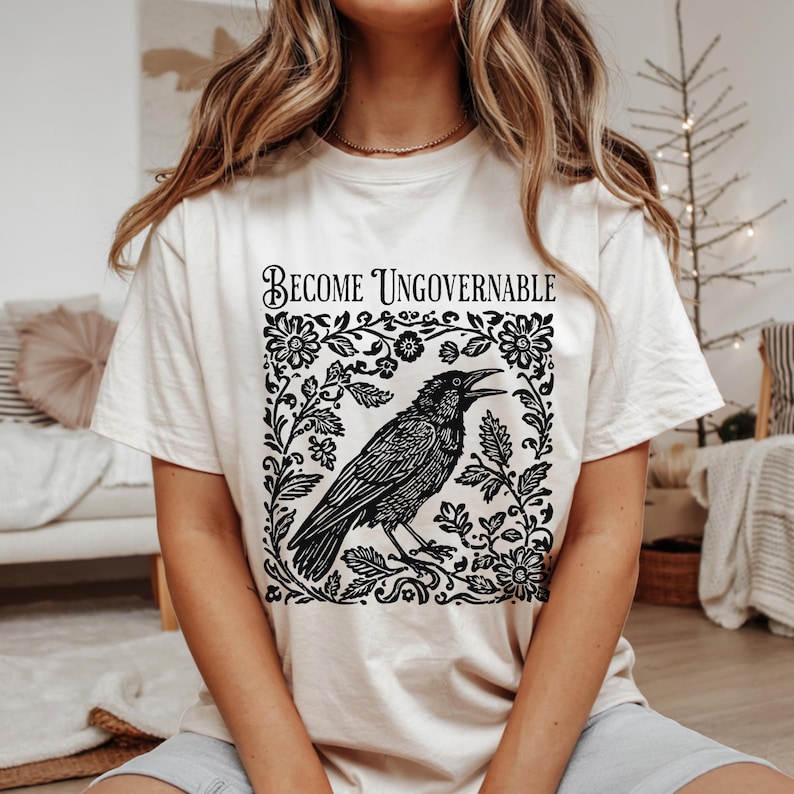 Become Ungovernable Shirt, Folklore Crow Shirt, Folklore Forest Crow Lino Print Shirt, Crow T-Shirt, Witchy Tee, Protest Tee