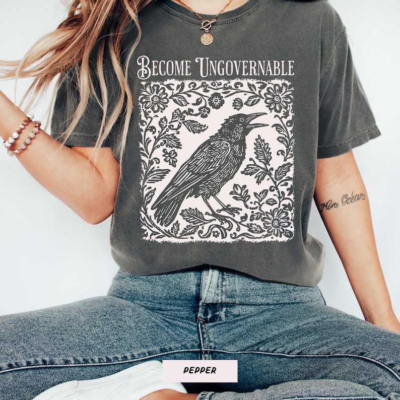 Become Ungovernable Shirt, Folklore Crow Shirt, Folklore Forest Crow Lino Print Shirt, Crow T-Shirt, Witchy Tee, Protest Tee