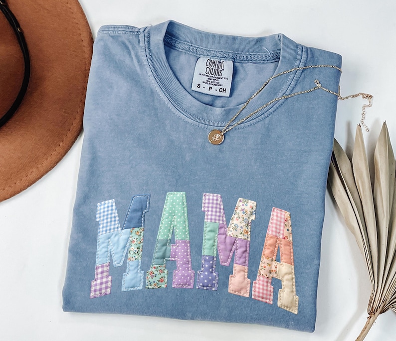 Faux Patchwork Floral Mama Shirt,Faux Embroidered Mom Shirt,Varsity Mom Tee,Patchwork Mama Shirt,Cottagecore Floral Mom Gift