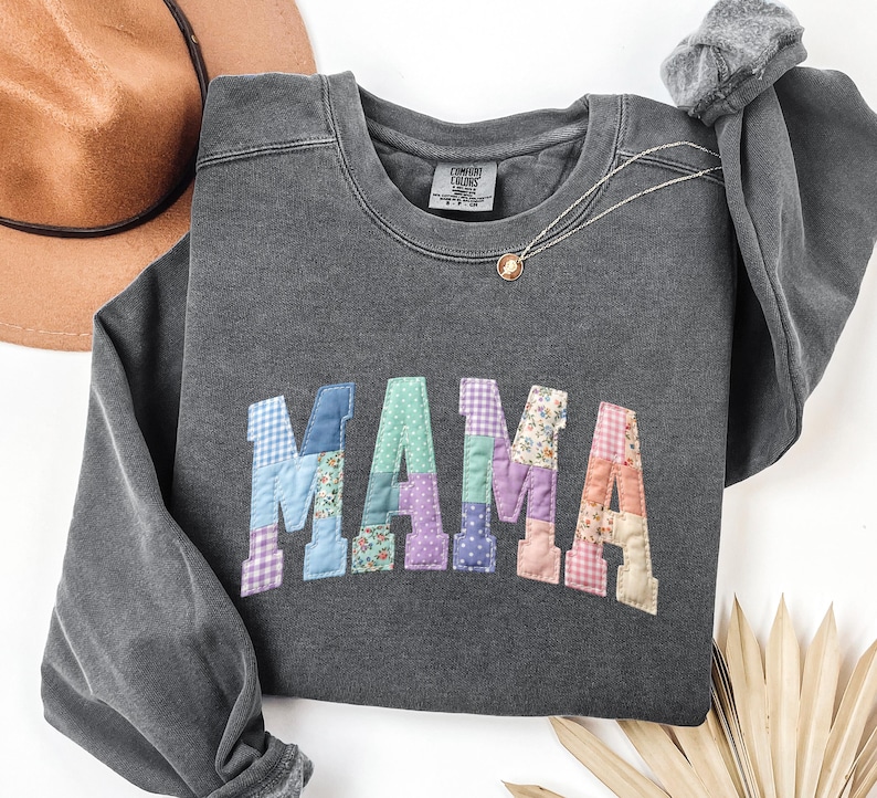 Faux Patchwork Floral Mama Shirt,Faux Embroidered Mom Shirt,Varsity Mom Tee,Patchwork Mama Shirt,Cottagecore Floral Mom Gift