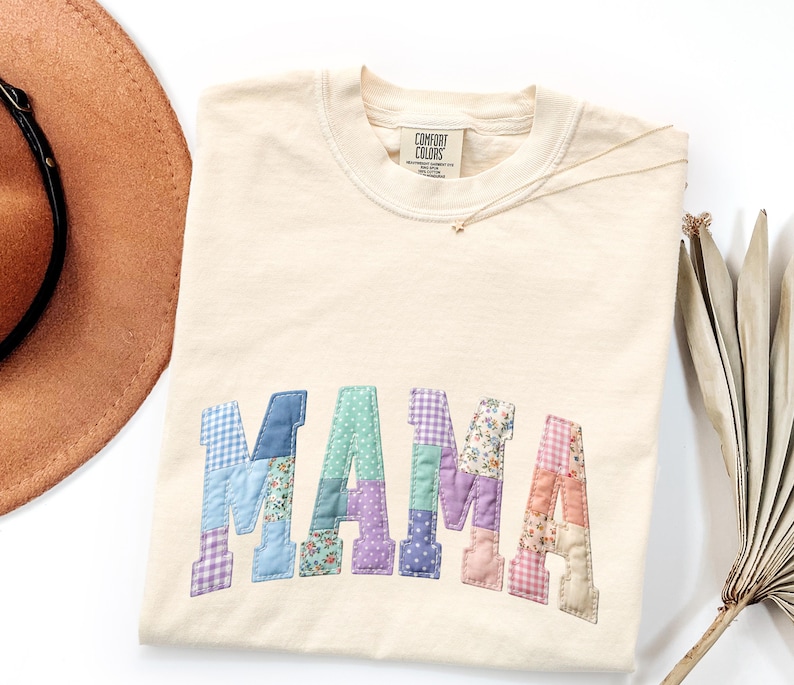 Faux Patchwork Floral Mama Shirt,Faux Embroidered Mom Shirt,Varsity Mom Tee,Patchwork Mama Shirt,Cottagecore Floral Mom Gift