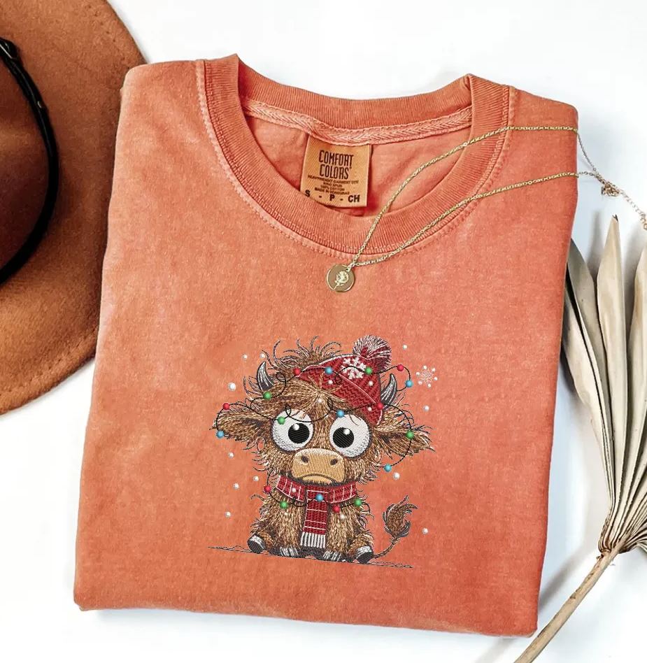 Christmas Highland Cow with Christmas Lights T-shirt