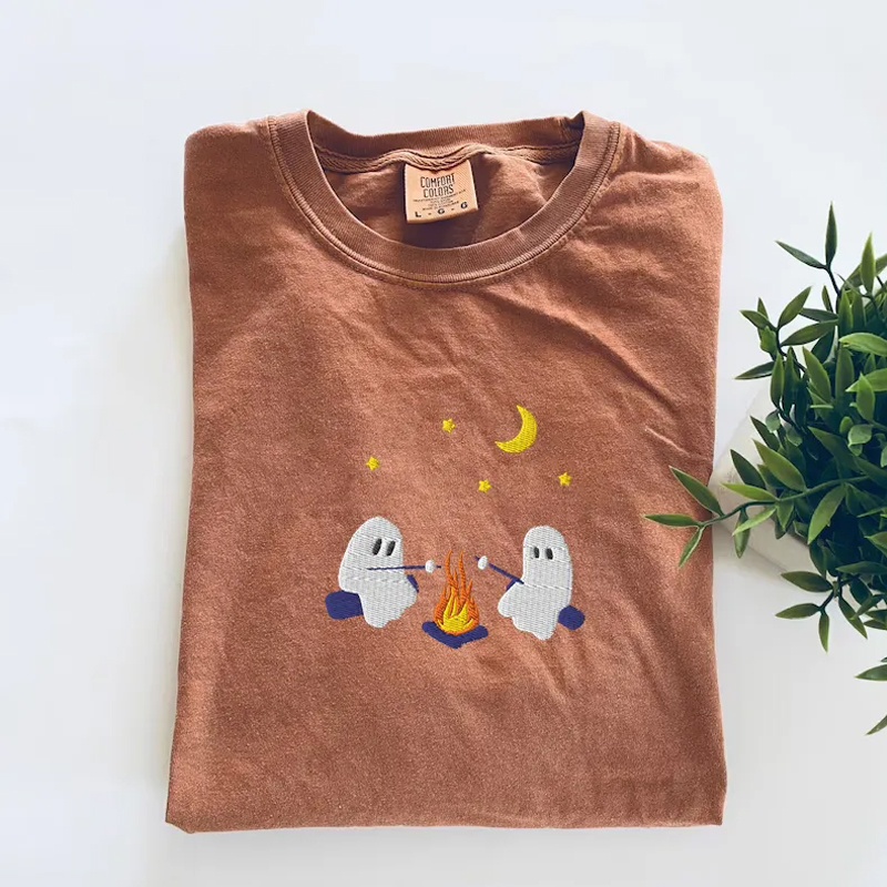 Cute Ghosts Camping Embroidered T-shirt