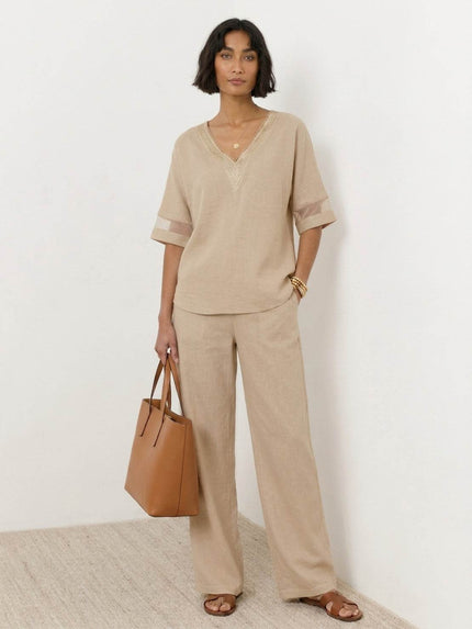 Cotton coastal co-ord set with relaxed V-neck top and wide-leg trousers