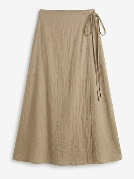 Asymmetrical wrap maxi skirt with side tie waist and flowy drape