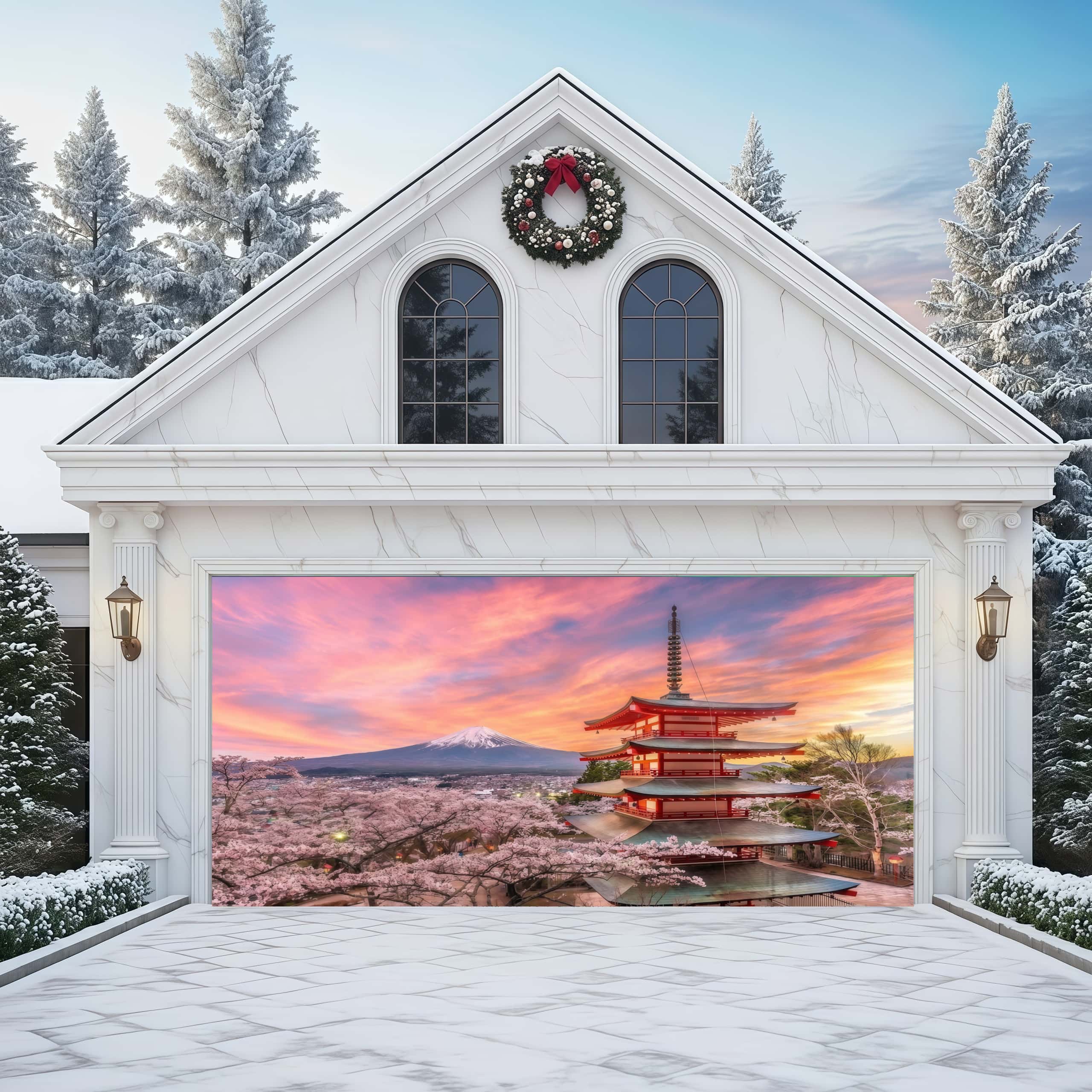 The Tower of Loyal Spirits and Mount Fuji | Landscape Garage Door Cover