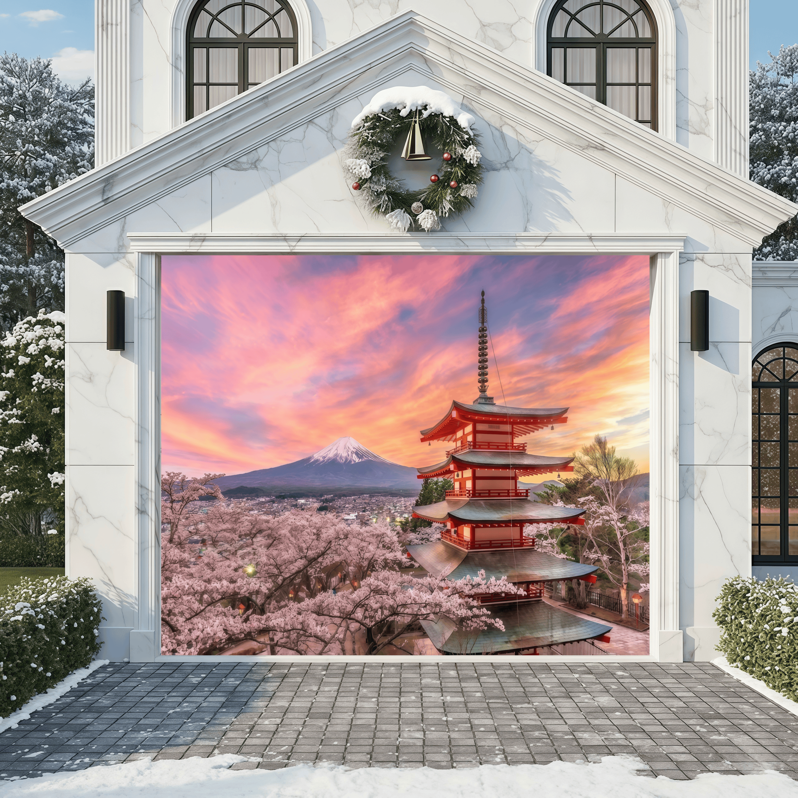 The Tower of Loyal Spirits and Mount Fuji | Landscape Garage Door Cover