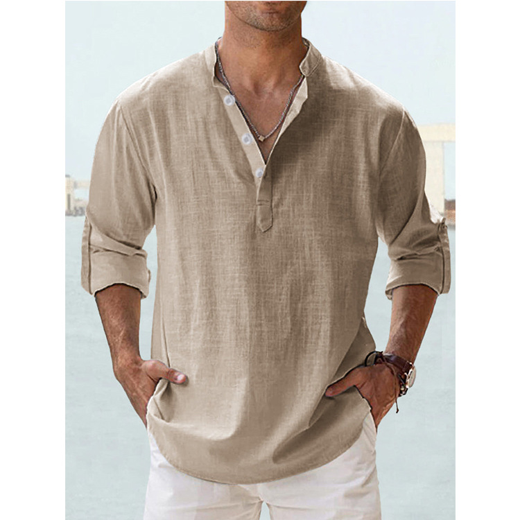 Men's Linen Long-Sleeve Shirt with Mandarin Collar