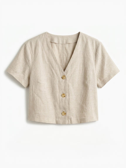 100% linen French top with relaxed boxy shape and soft V-neck