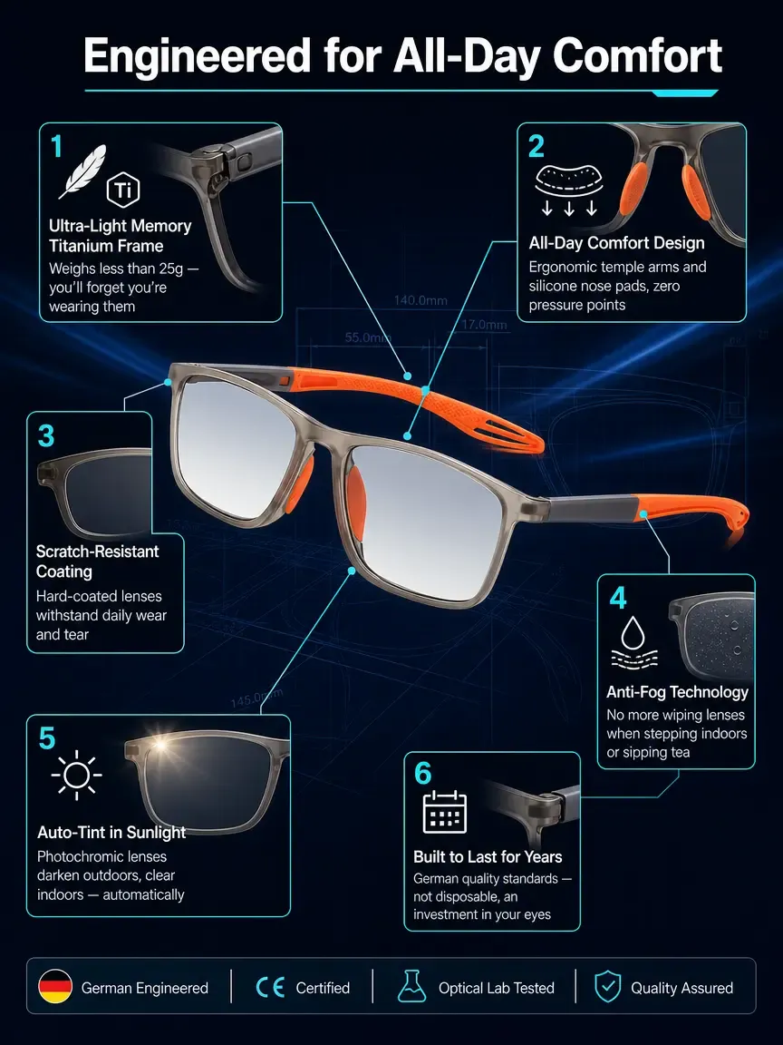 Sports-style 2-in-1 UV-protective photochromic reading glasses