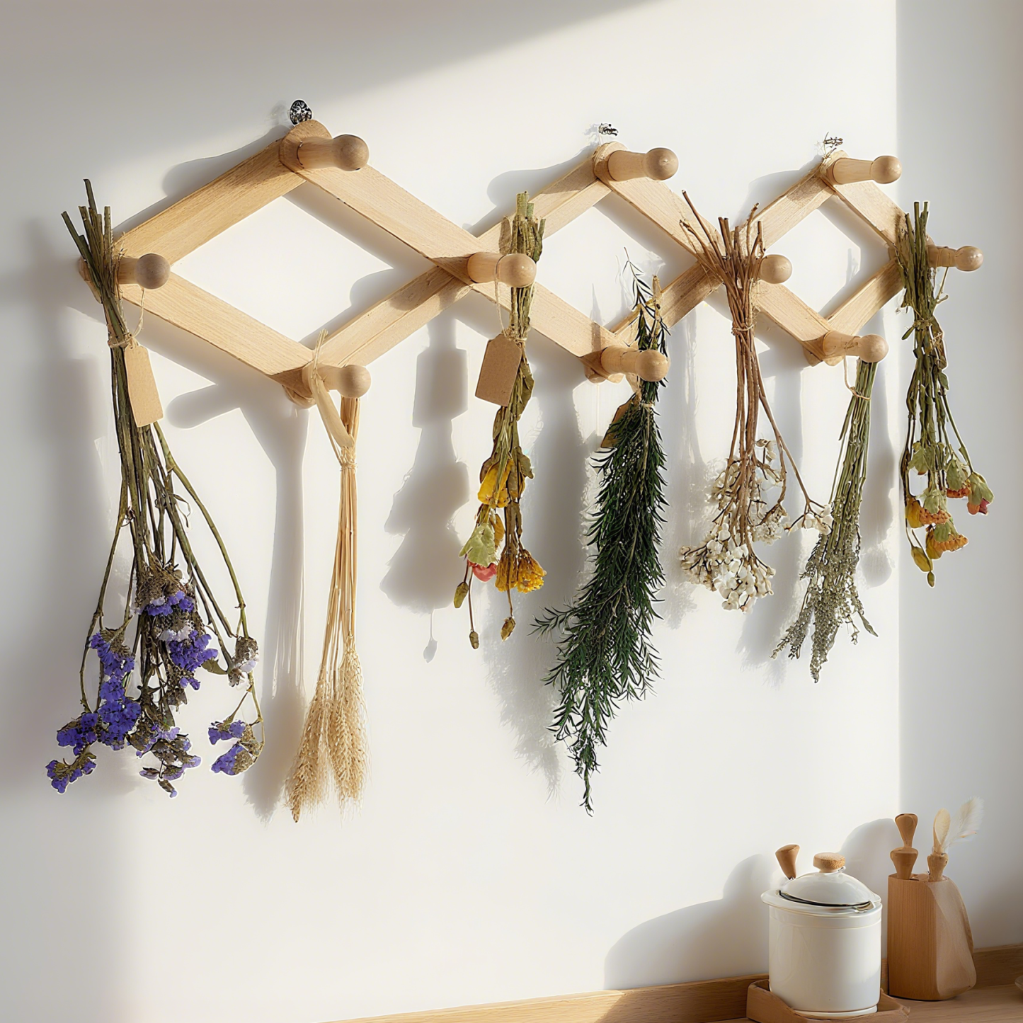 Adjustable Herb Drying Rack - Holds 10 Bouquets with Adhesive Hooks