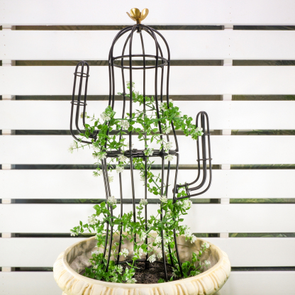 Cactus Obelisk Trellis - 27.5" Metal Plant Support with Gold Flower