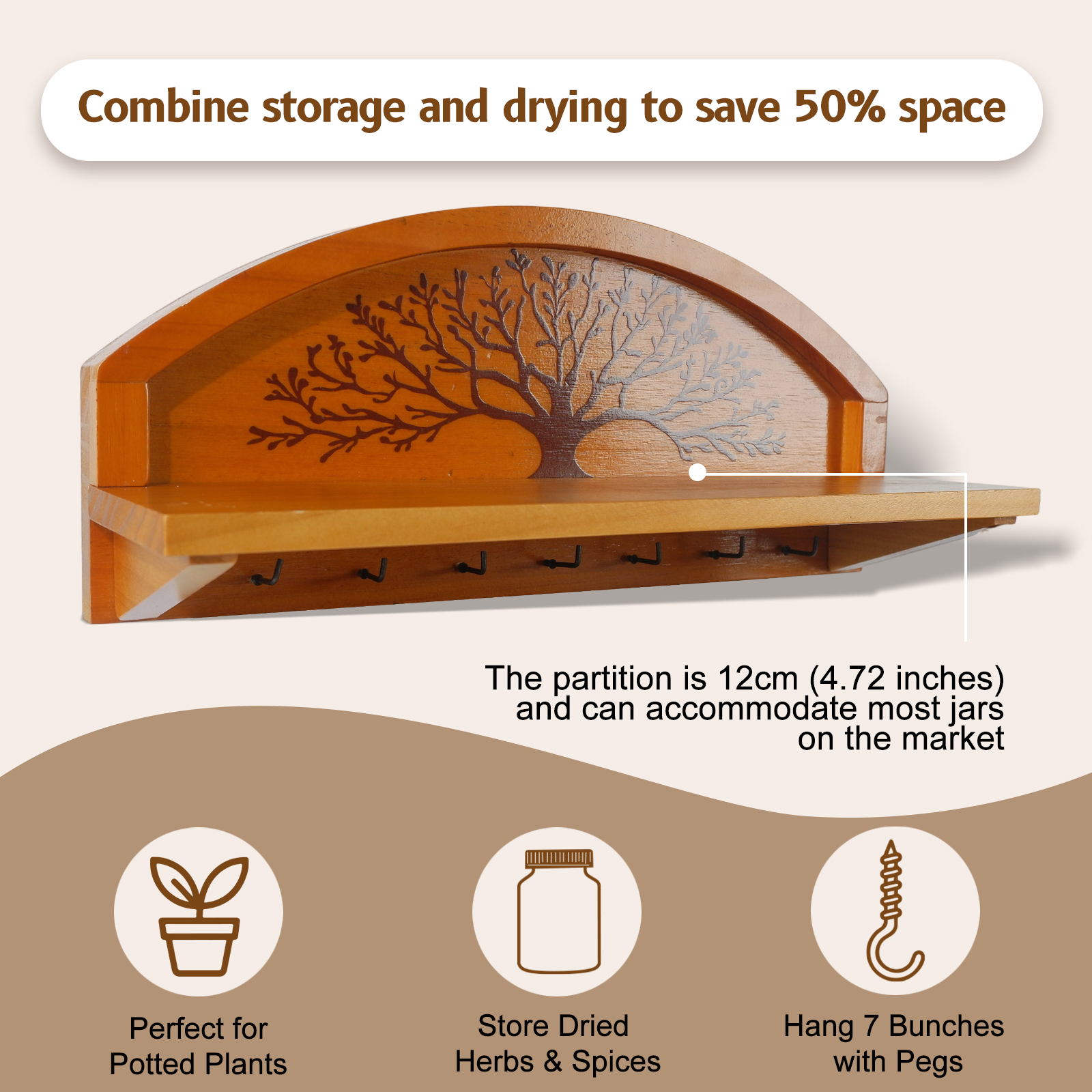 Gold Foil Tree of Life Herb Drying Rack - 7 Hook Wall Decor