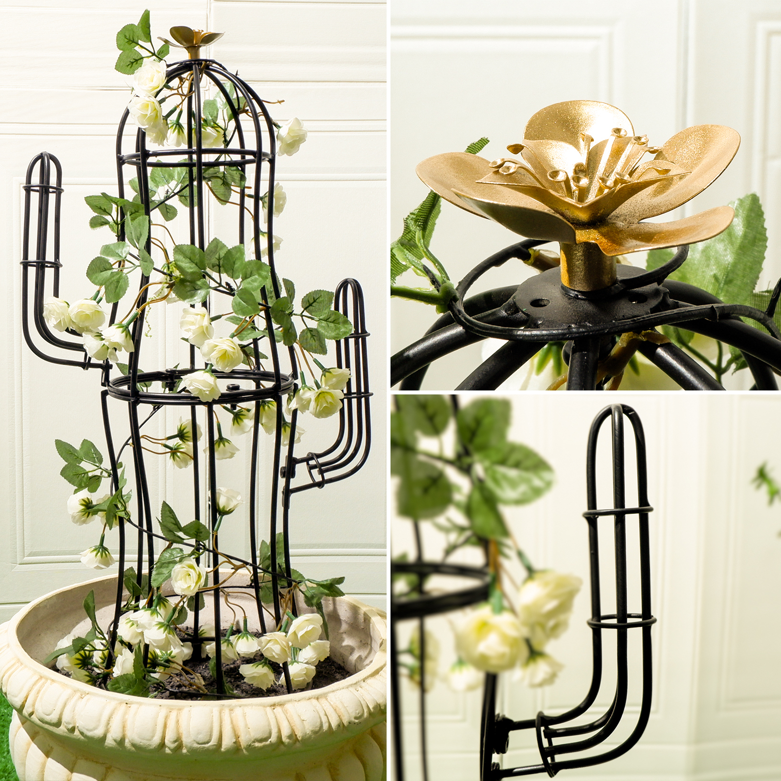 Cactus Obelisk Trellis - 27.5" Metal Plant Support with Gold Flower