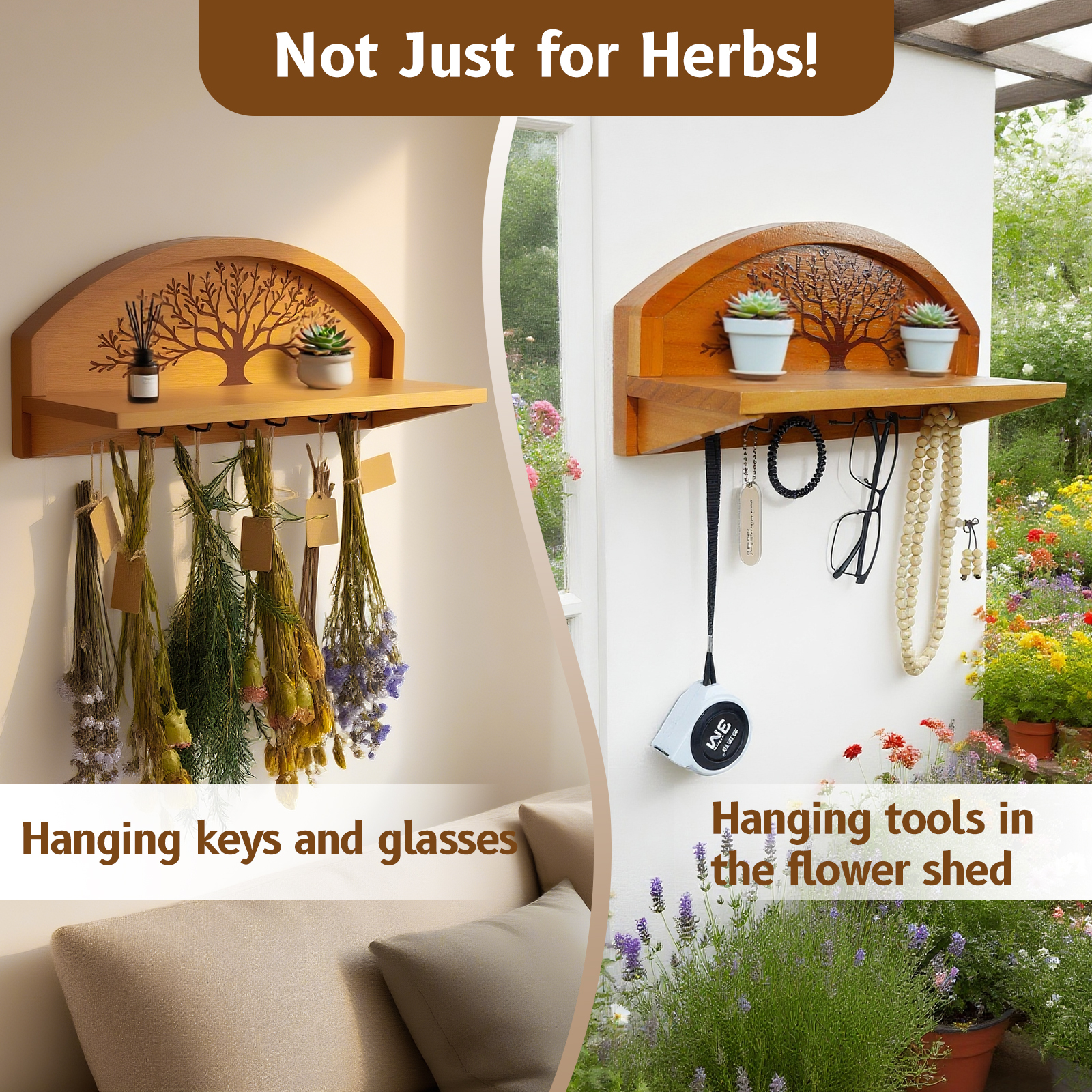 Gold Foil Tree of Life Herb Drying Rack - 7 Hook Wall Decor