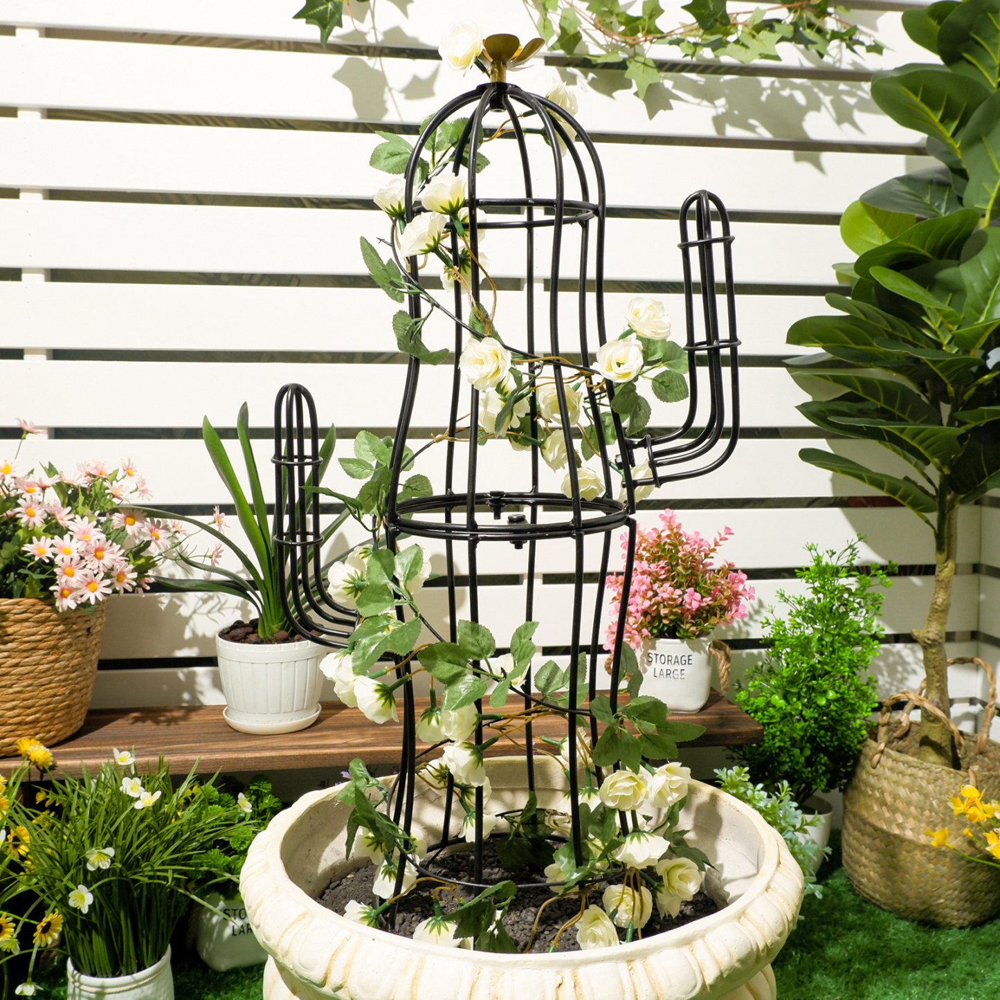 Cactus Obelisk Trellis - 27.5" Metal Plant Support with Gold Flower