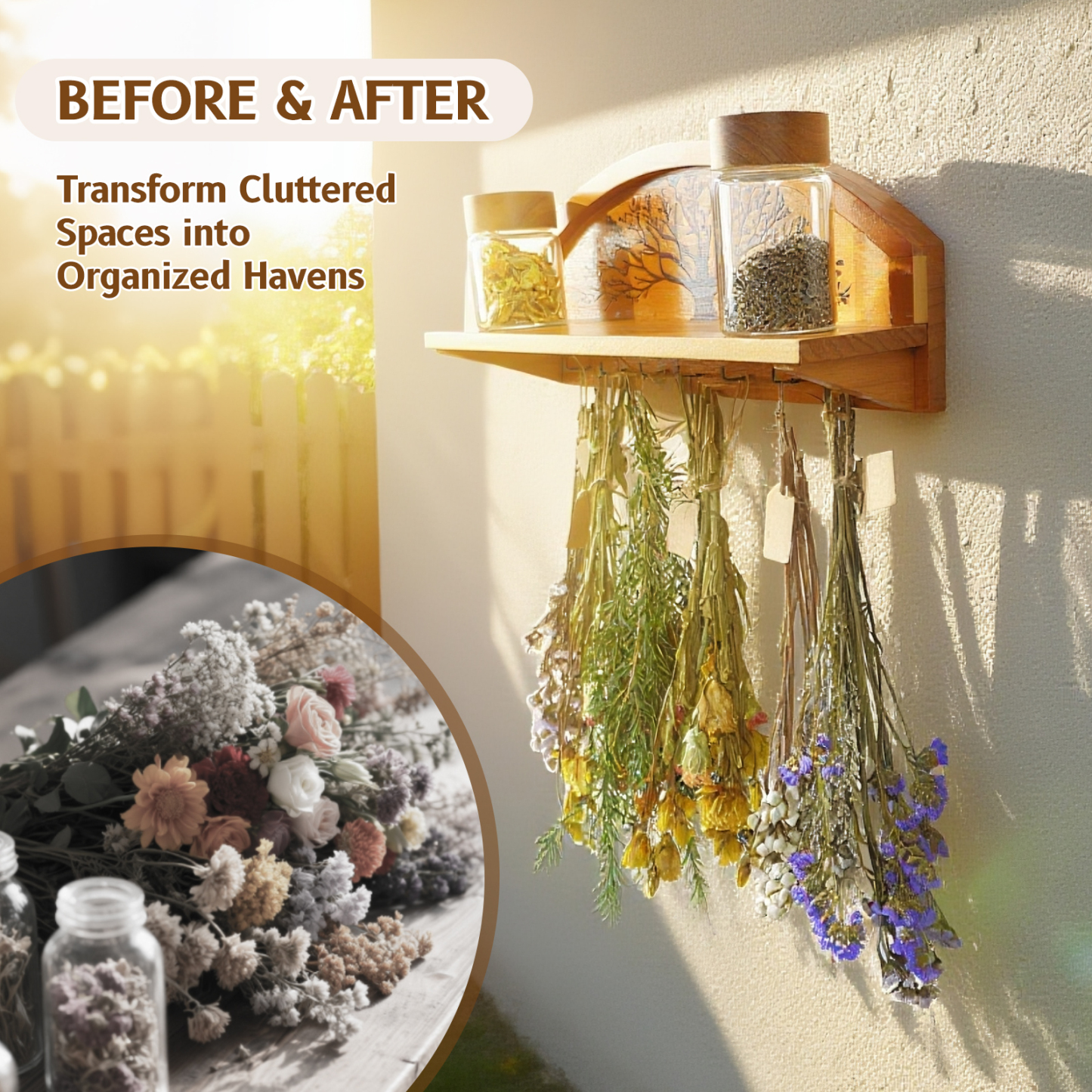 Gold Foil Tree of Life Herb Drying Rack - 7 Hook Wall Decor