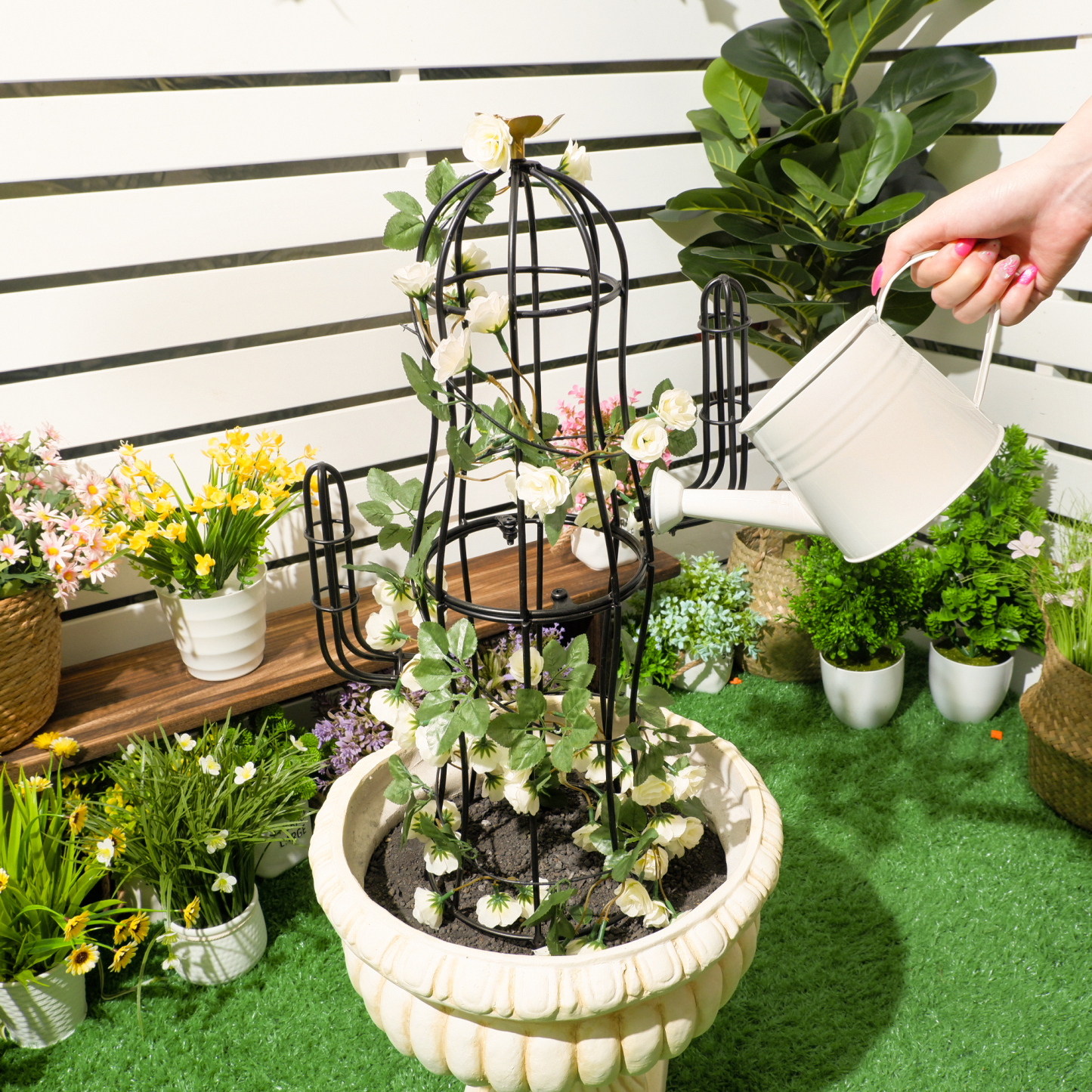 Cactus Obelisk Trellis - 27.5" Metal Plant Support with Gold Flower