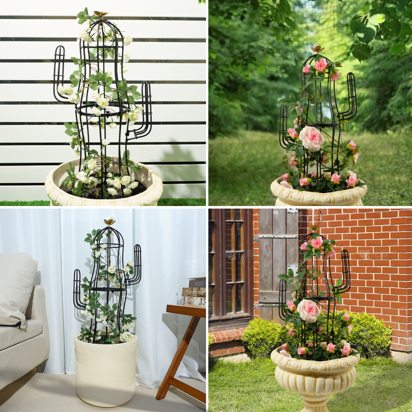 Cactus Obelisk Trellis - 27.5" Metal Plant Support with Gold Flower