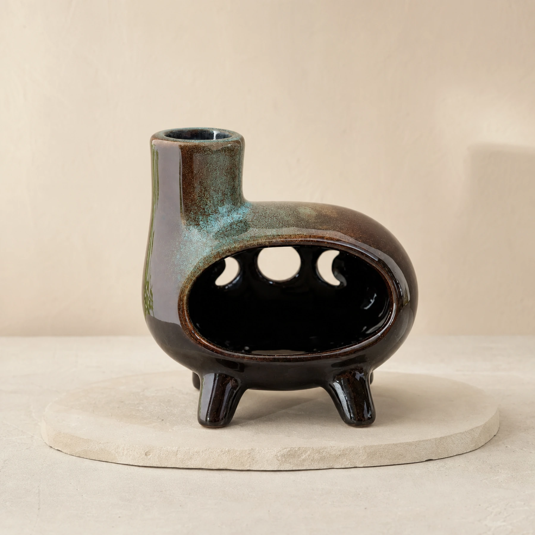 Green glaze ceramic Palo Santo holder structure study showing chimney, firebox, and tripod feet