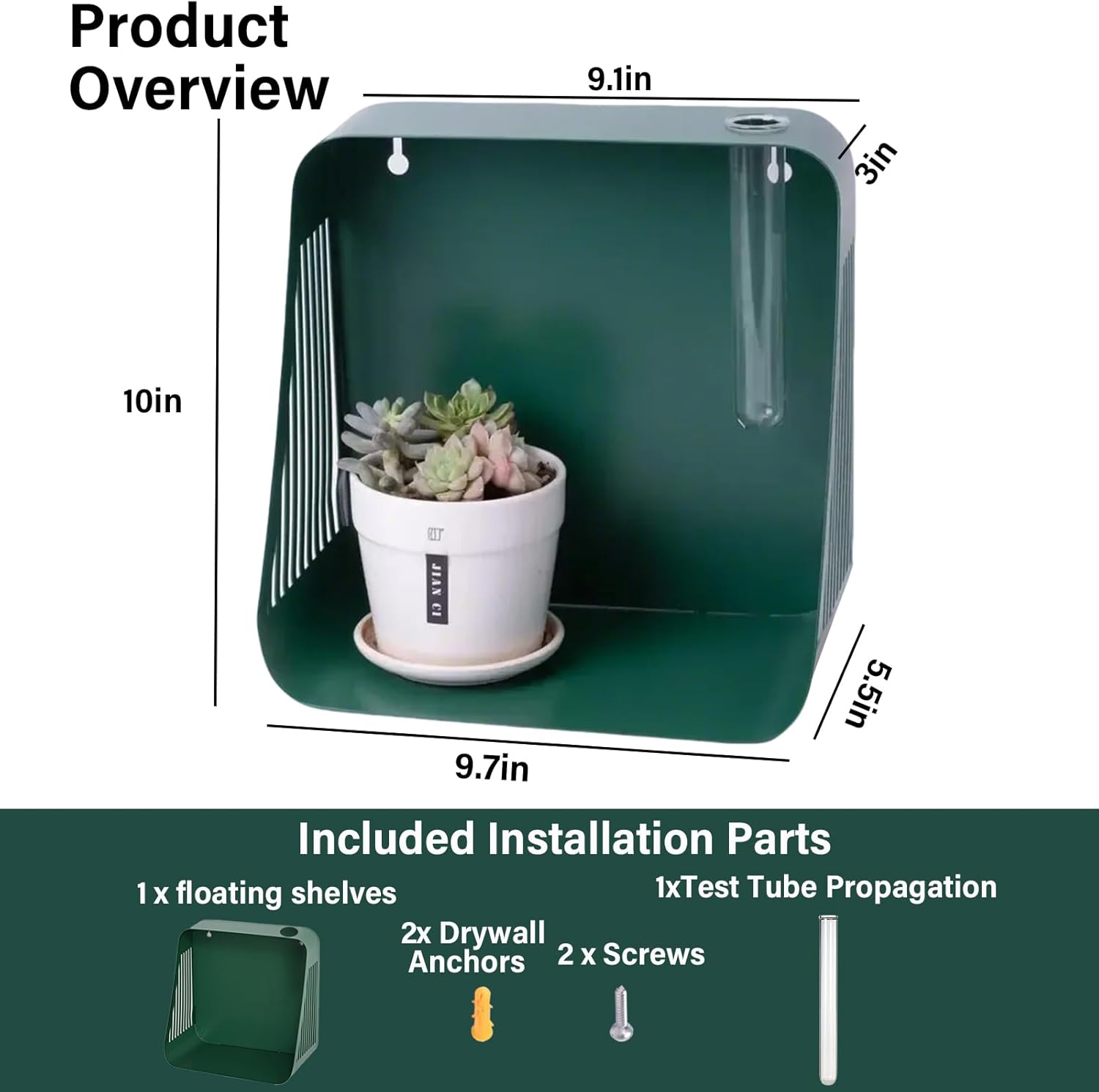 Green Iron Floating Shelf with Hydroponic Hole & Diffuser Stand-MOUGIGI