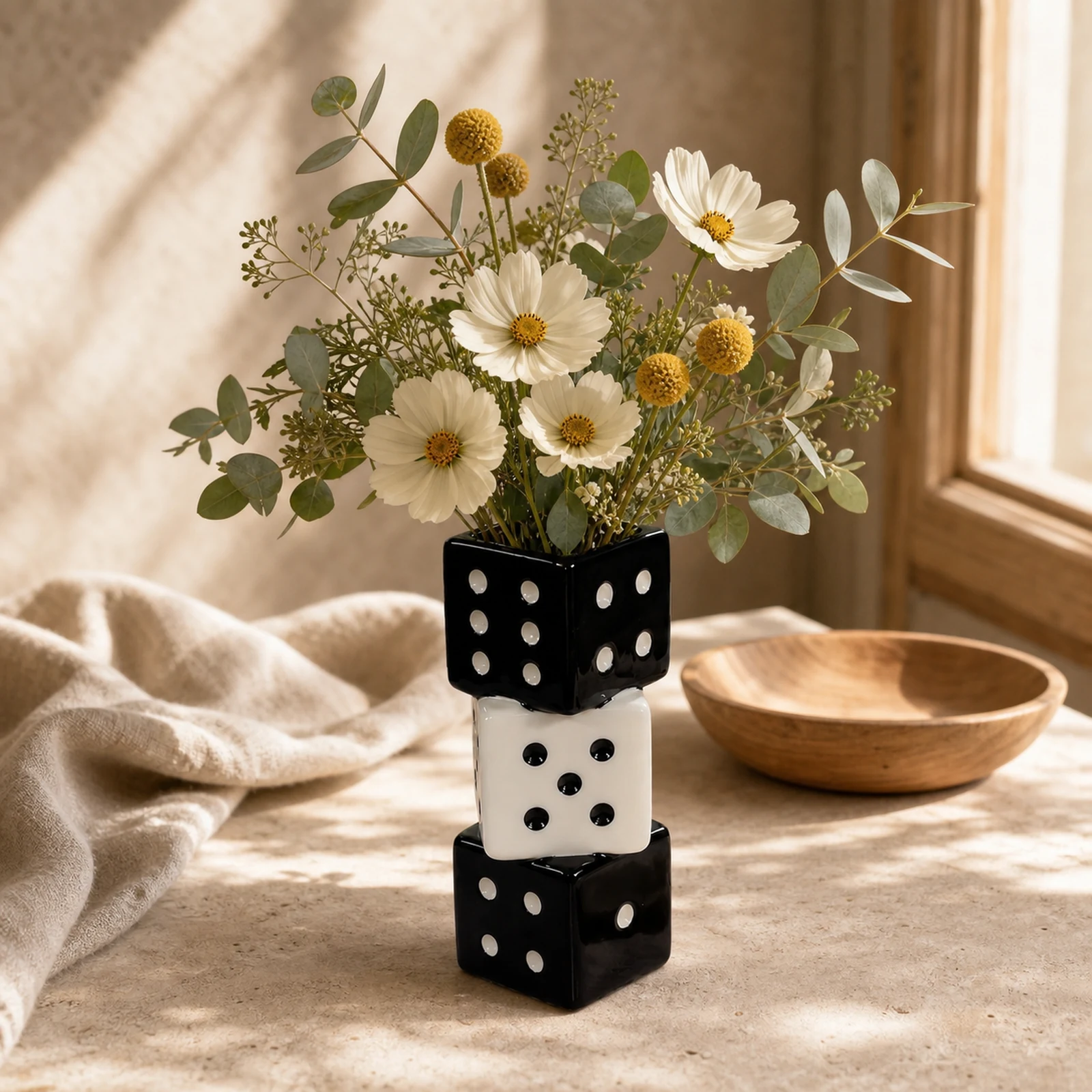 Stacked Ceramic Dice Vase – Black and White – image 1