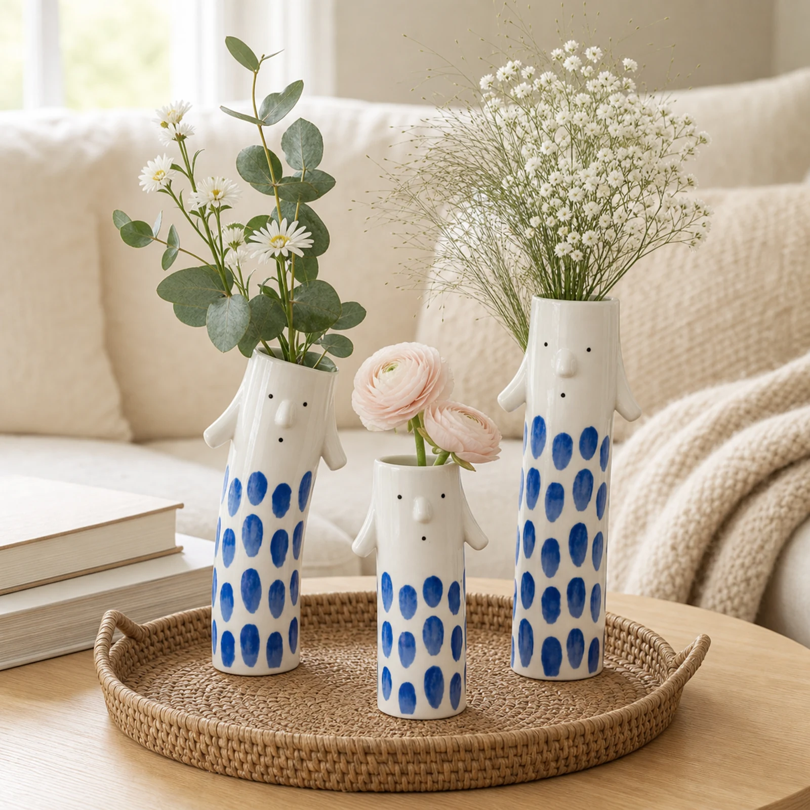 MOUGIGI blue dot family face ceramic bud vase set with flowers