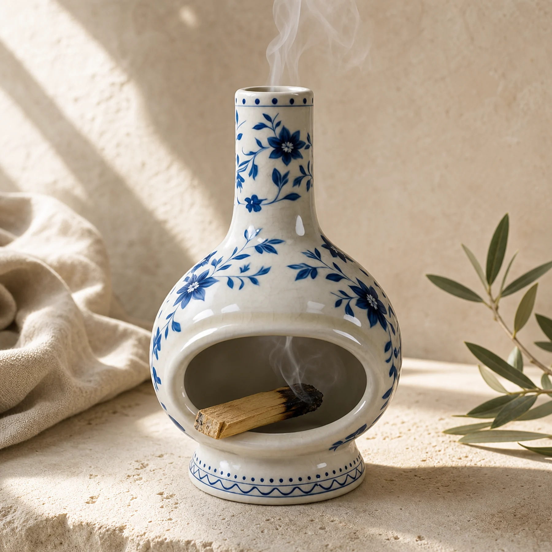 Blue floral cream ceramic Palo Santo holder with smoke exiting the chimney