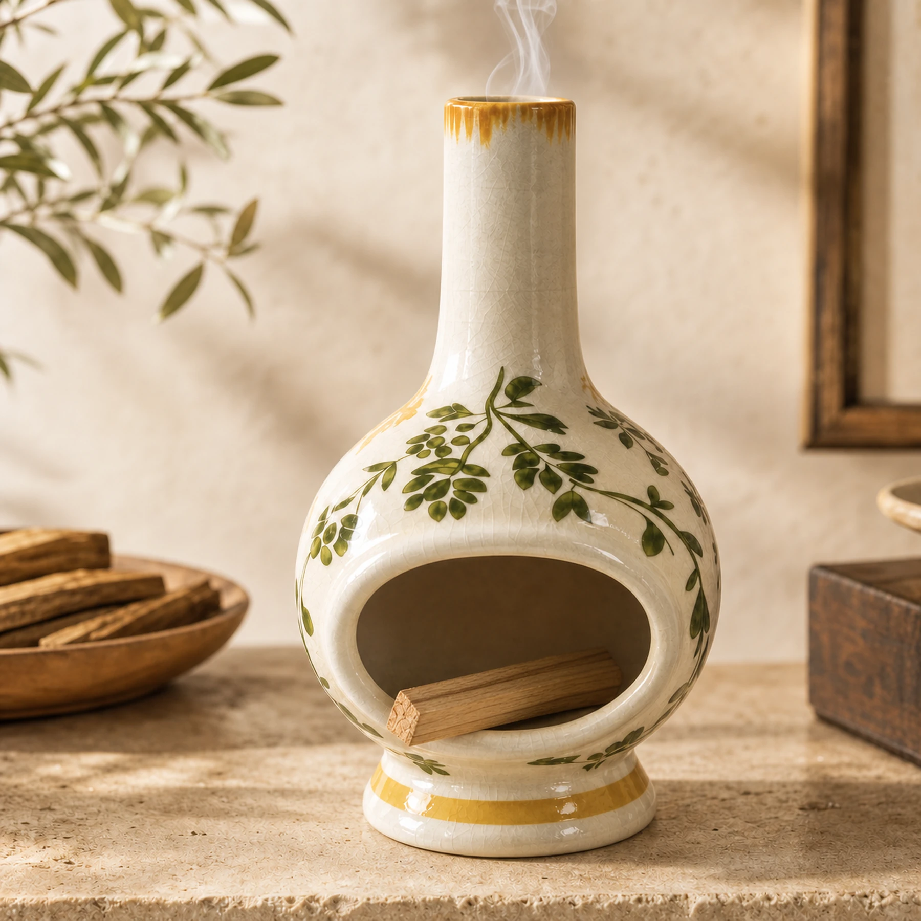 Botanical ceramic Palo Santo holder with smoke exiting the top chimney