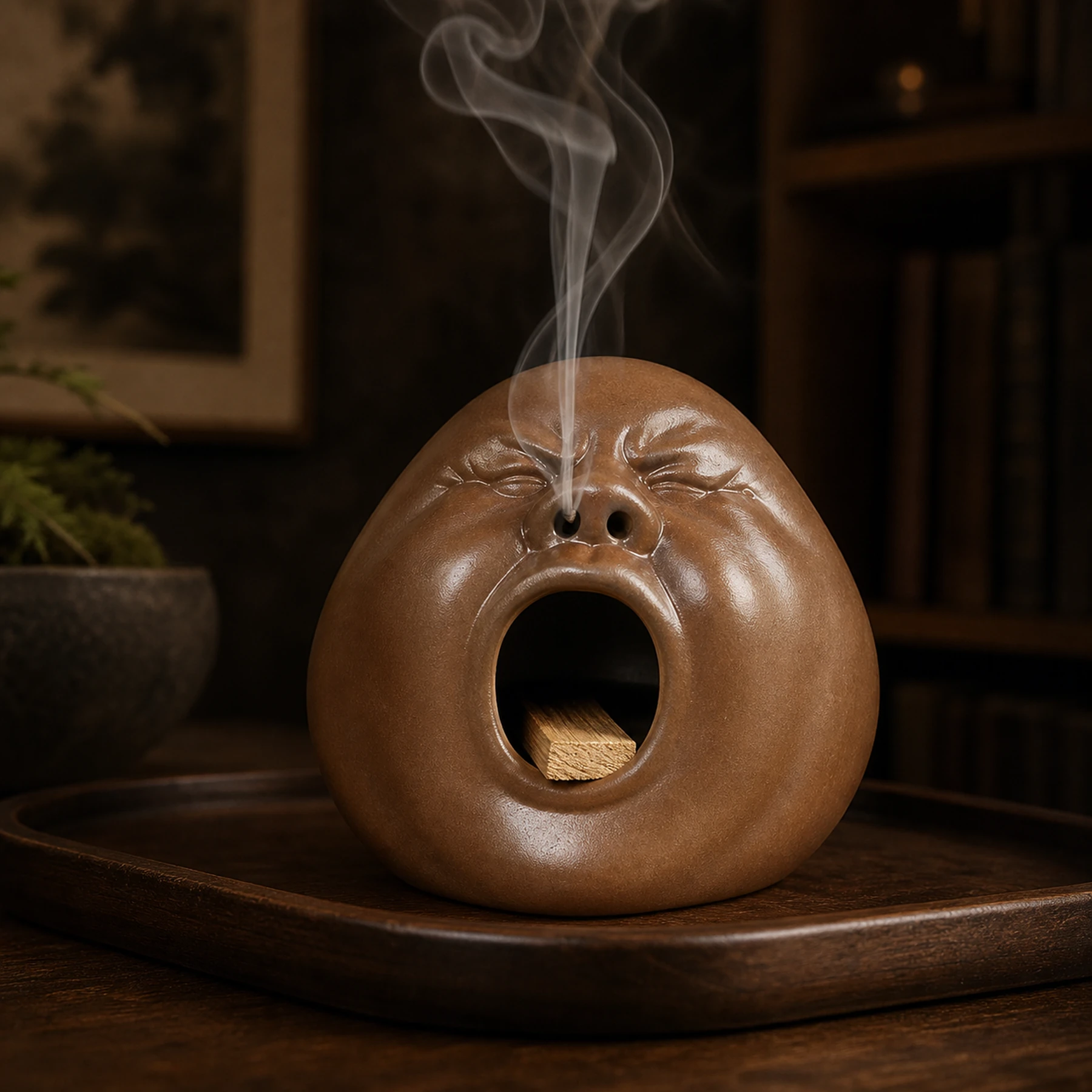 Brown expressive face Palo Santo holder with smoke exiting the nose vents