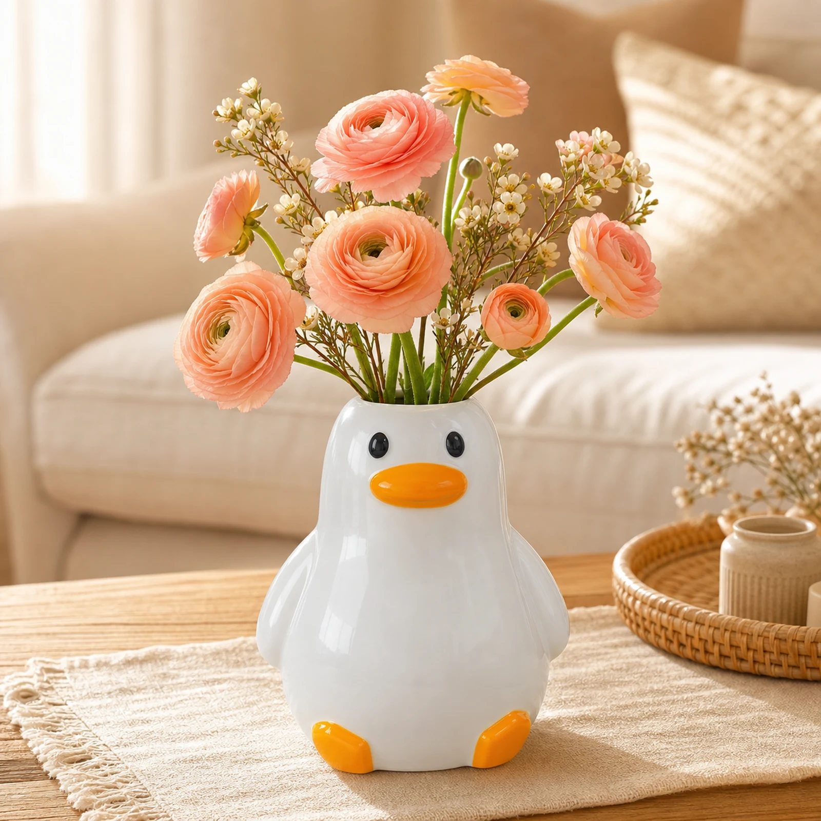 MOUGIGI handcrafted ceramic duck vase with blush ranunculus flowers