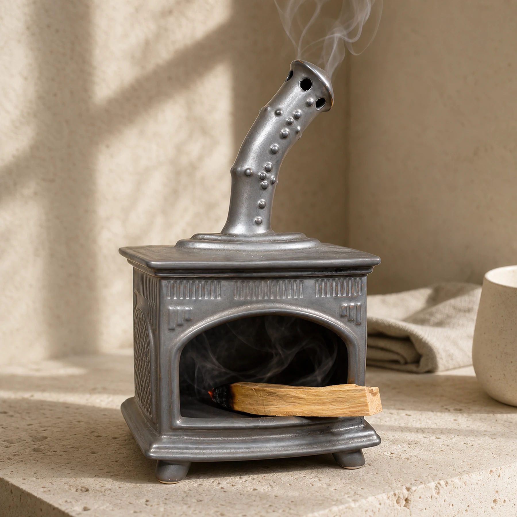 Copper Gray ceramic fireplace incense holder with inward-smoldering Palo Santo and chimney smoke