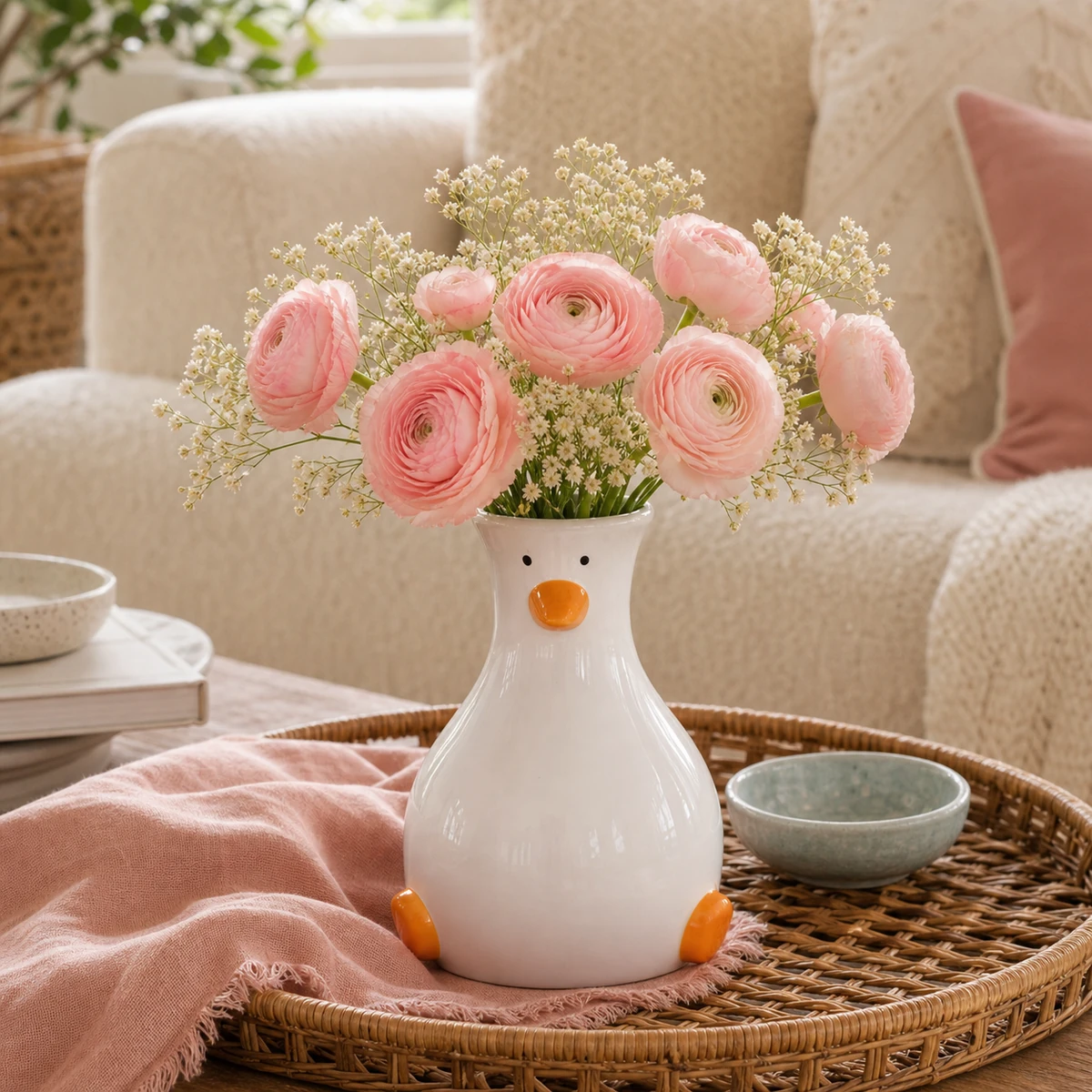 Ceramic duck vase with pink ranunculus on a pastel rattan tray