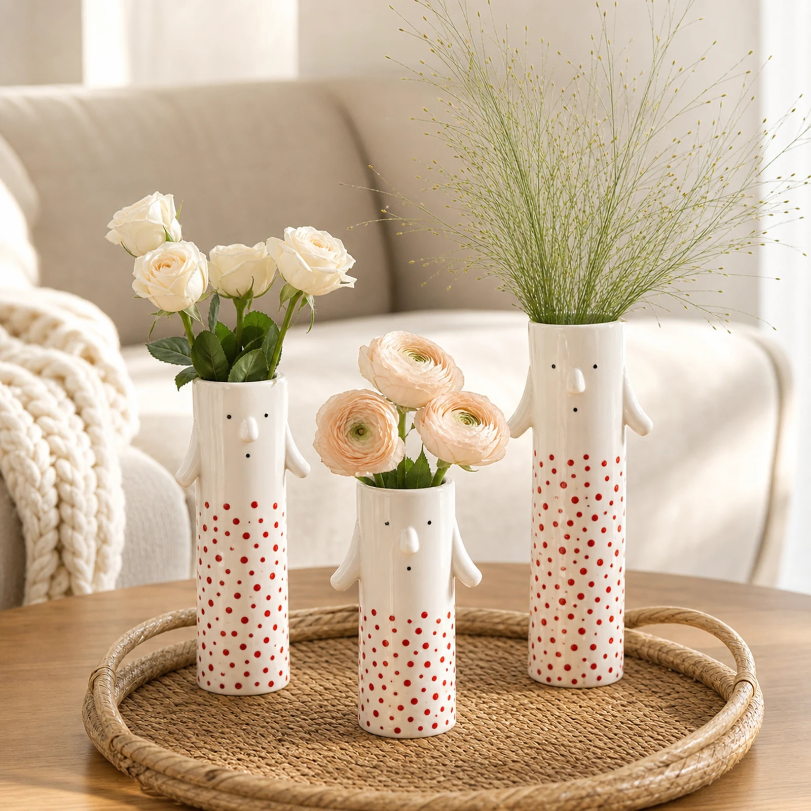MOUGIGI red dot family face ceramic bud vase set with flowers