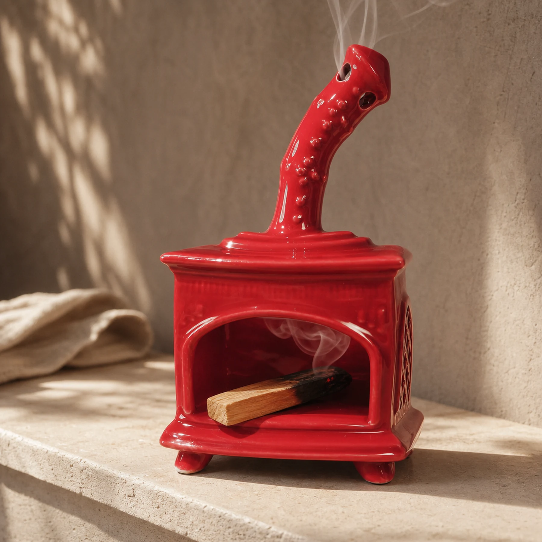 Red ceramic fireplace incense holder with inward-smoldering Palo Santo and chimney smoke