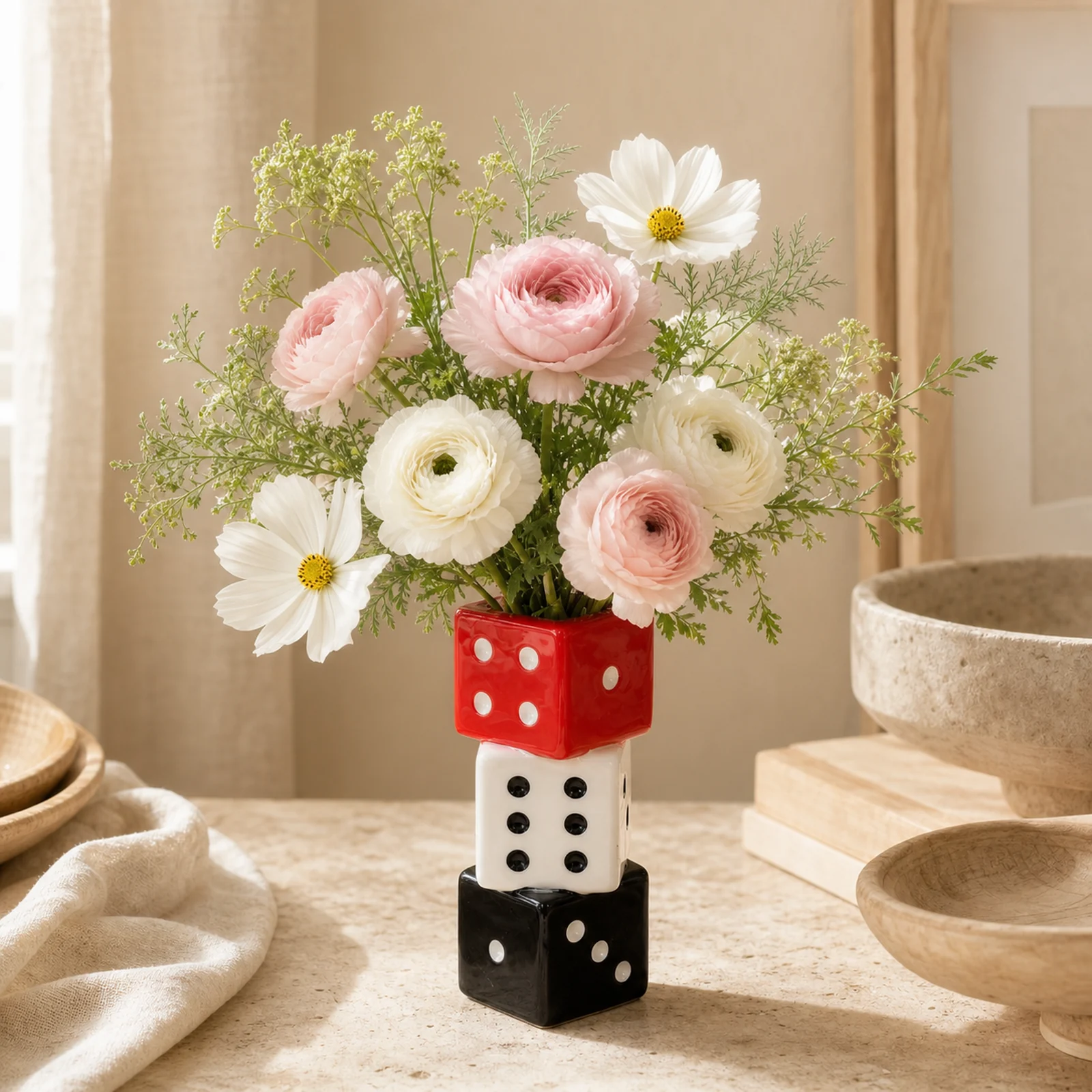 Stacked Ceramic Dice Vase – Red, White and Black – image 1