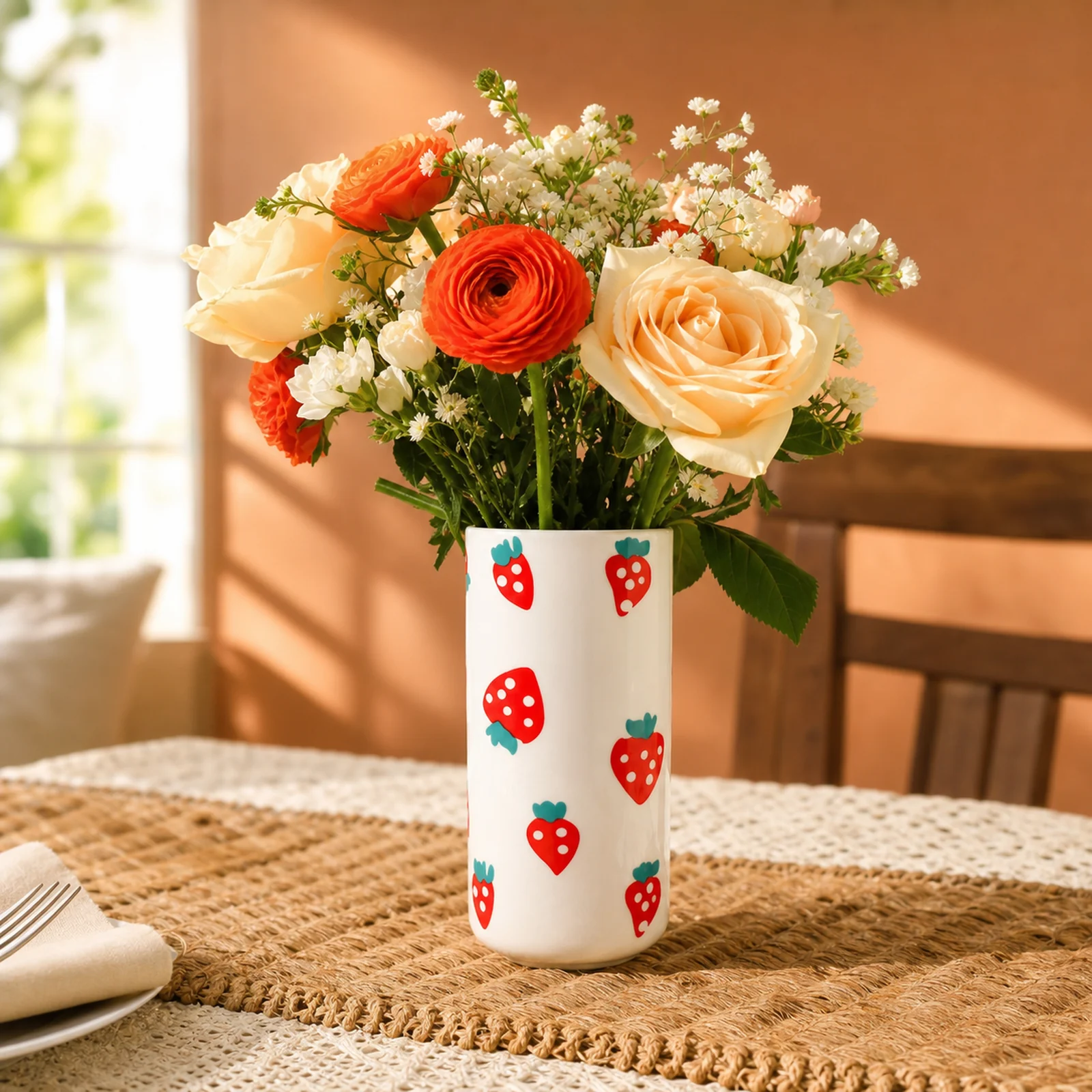 MOUGIGI strawberry ceramic vase with cream roses and coral ranunculus