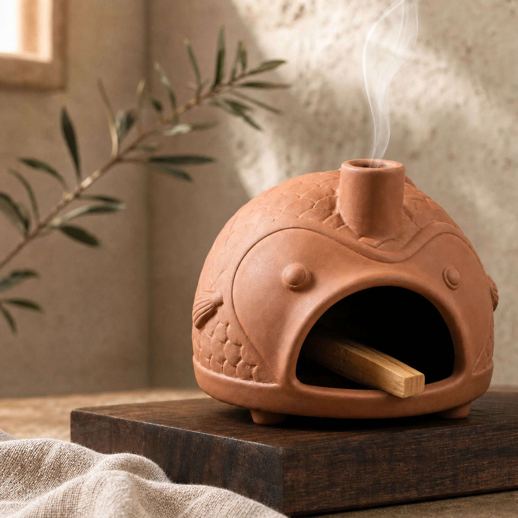 Terracotta fish Palo Santo holder with smoke exiting the top chimney