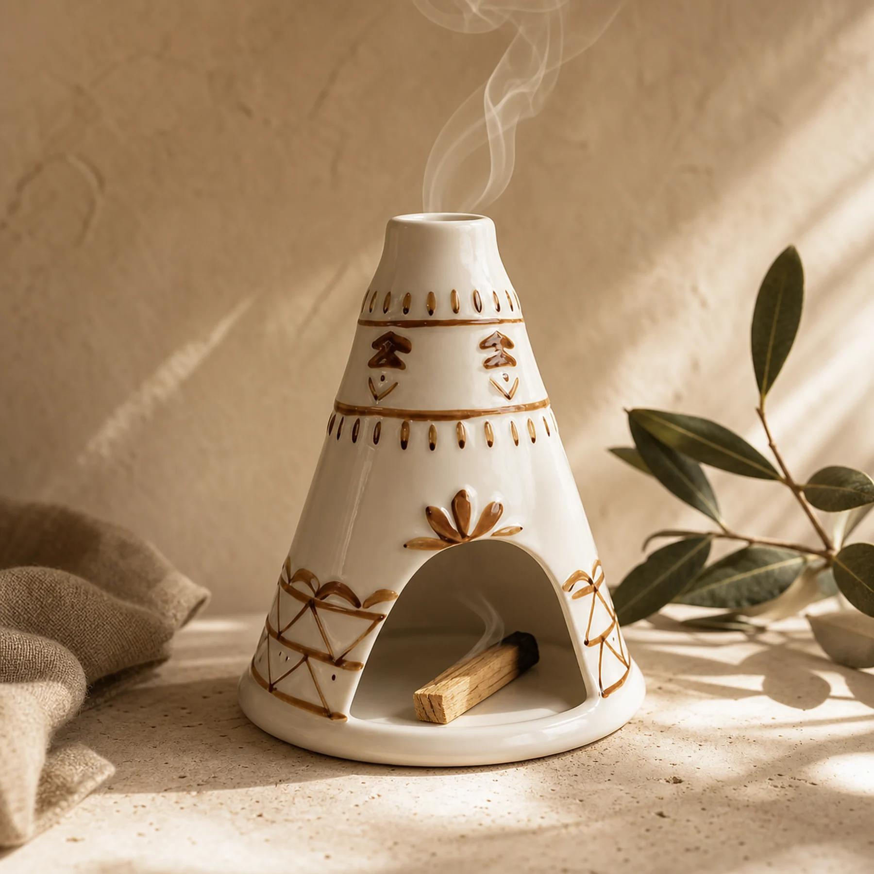 White ceramic Palo Santo holder with smoke exiting the top vent