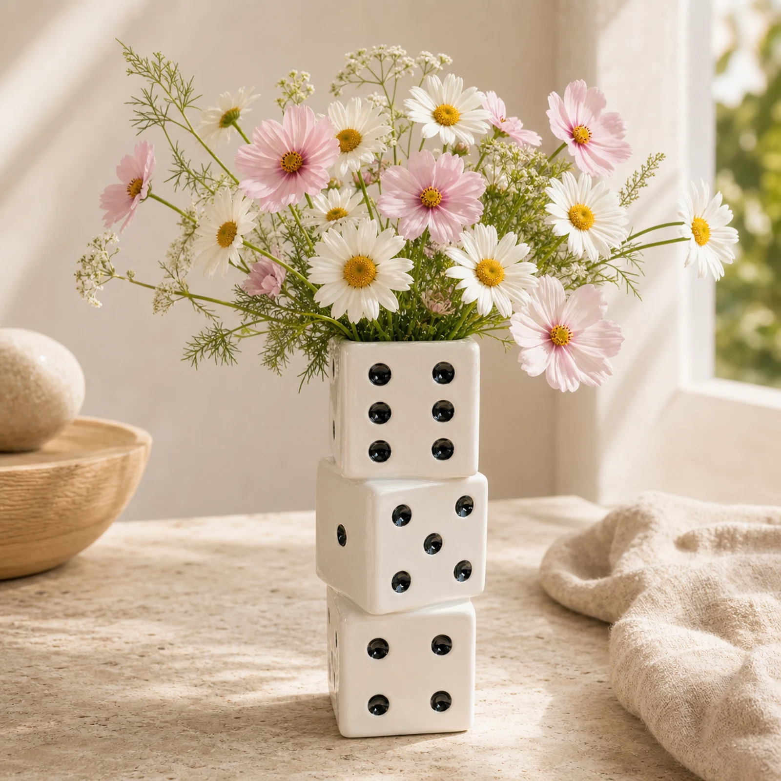 Stacked Ceramic Dice Vase – White – image 1