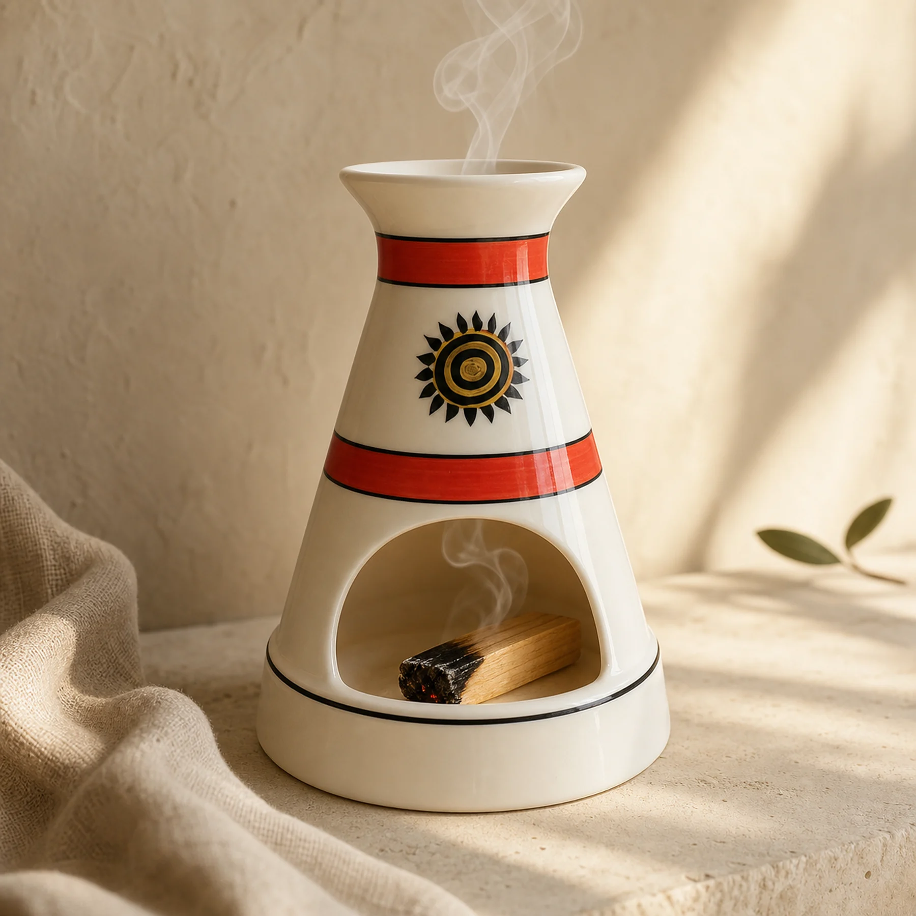 White ceramic sun motif Palo Santo holder with smoke exiting the top opening