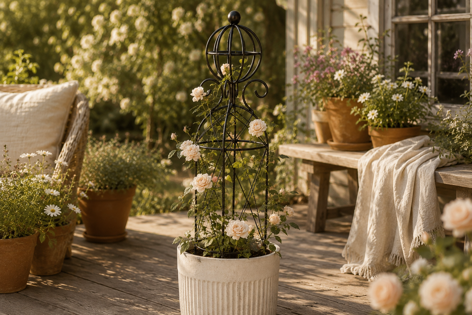 Black metal plant trellis in a white planter with pale blush climbing roses on a sunlit patio