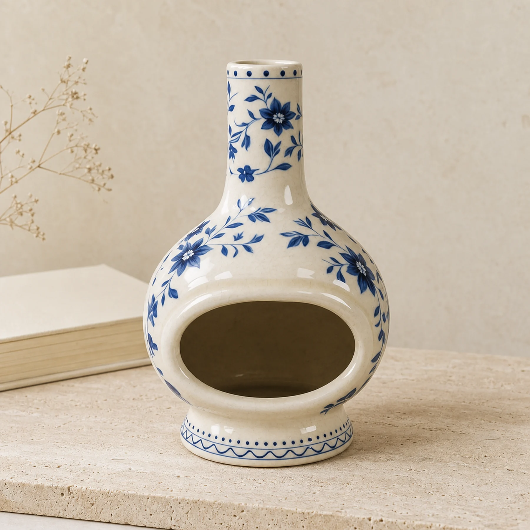 Blue floral cream ceramic Palo Santo holder on pale travertine