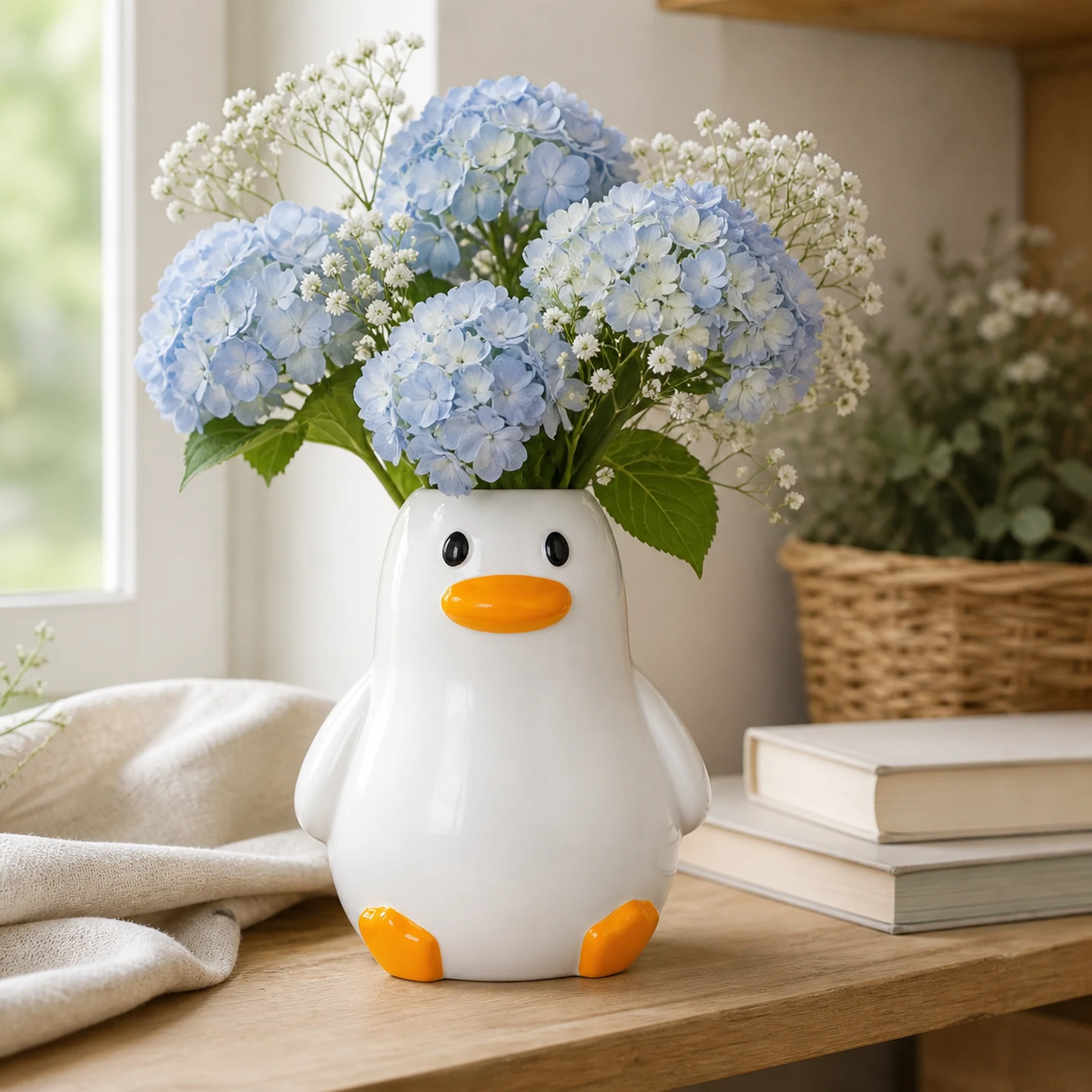 MOUGIGI handcrafted ceramic duck vase with blue hydrangea on oak shelf