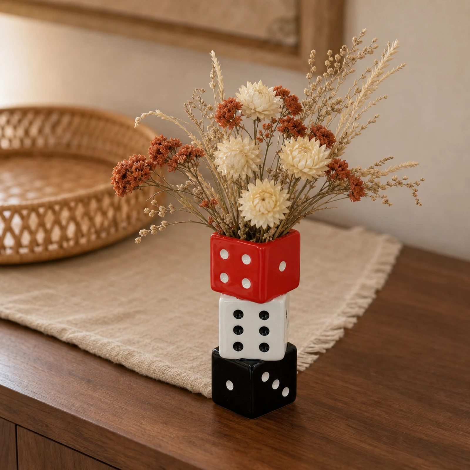 Stacked Ceramic Dice Vase – Red, White and Black – image 2