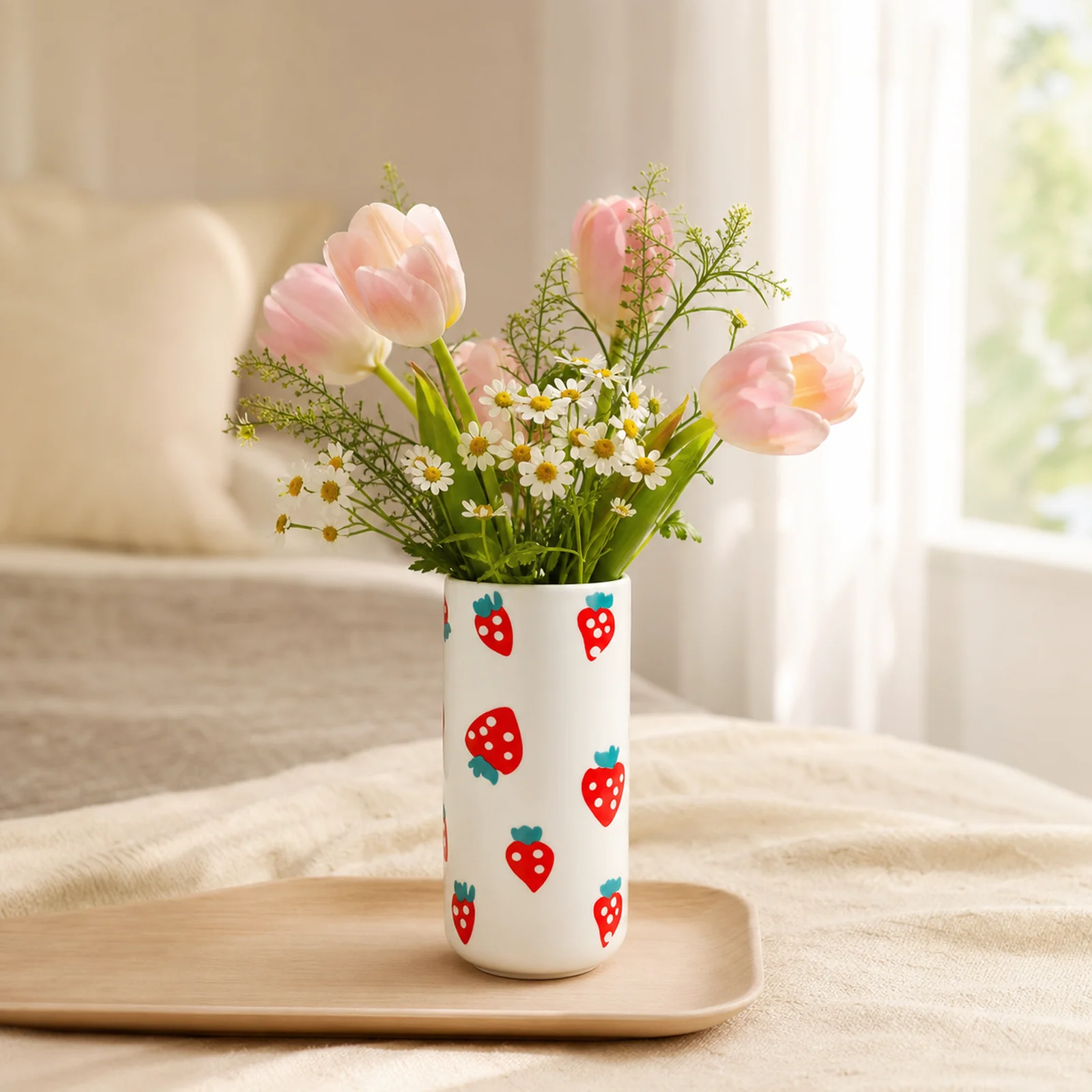 MOUGIGI strawberry ceramic vase with pink tulips in warm bedroom light